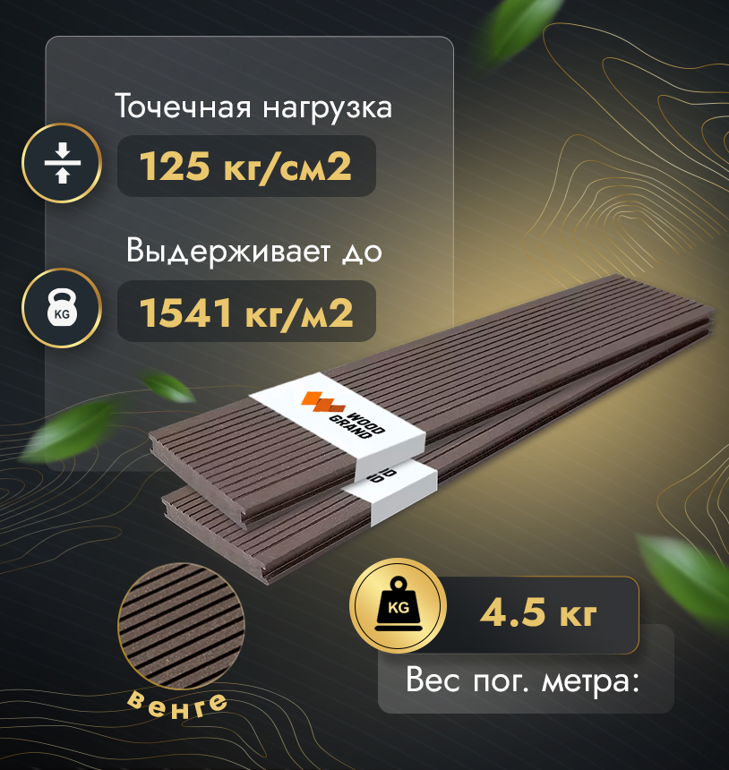 Террасная доска полнотелая 140x20 мм (МПК) - Венге